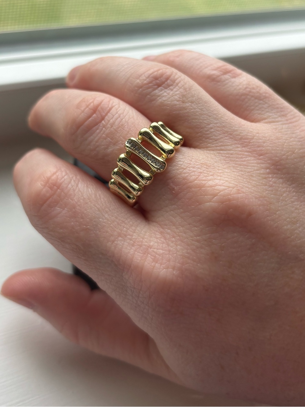 Gold Plated Adjustable Statement Ring Chunky Band CZ Accent Open Size Minor Flaw